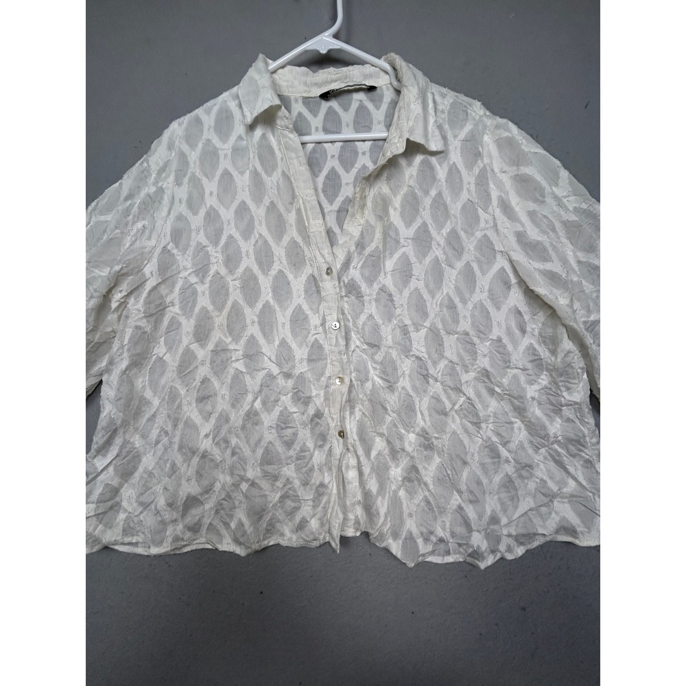 Zara Button Down Shirt Textured Jacquard Leaf White XL Womens